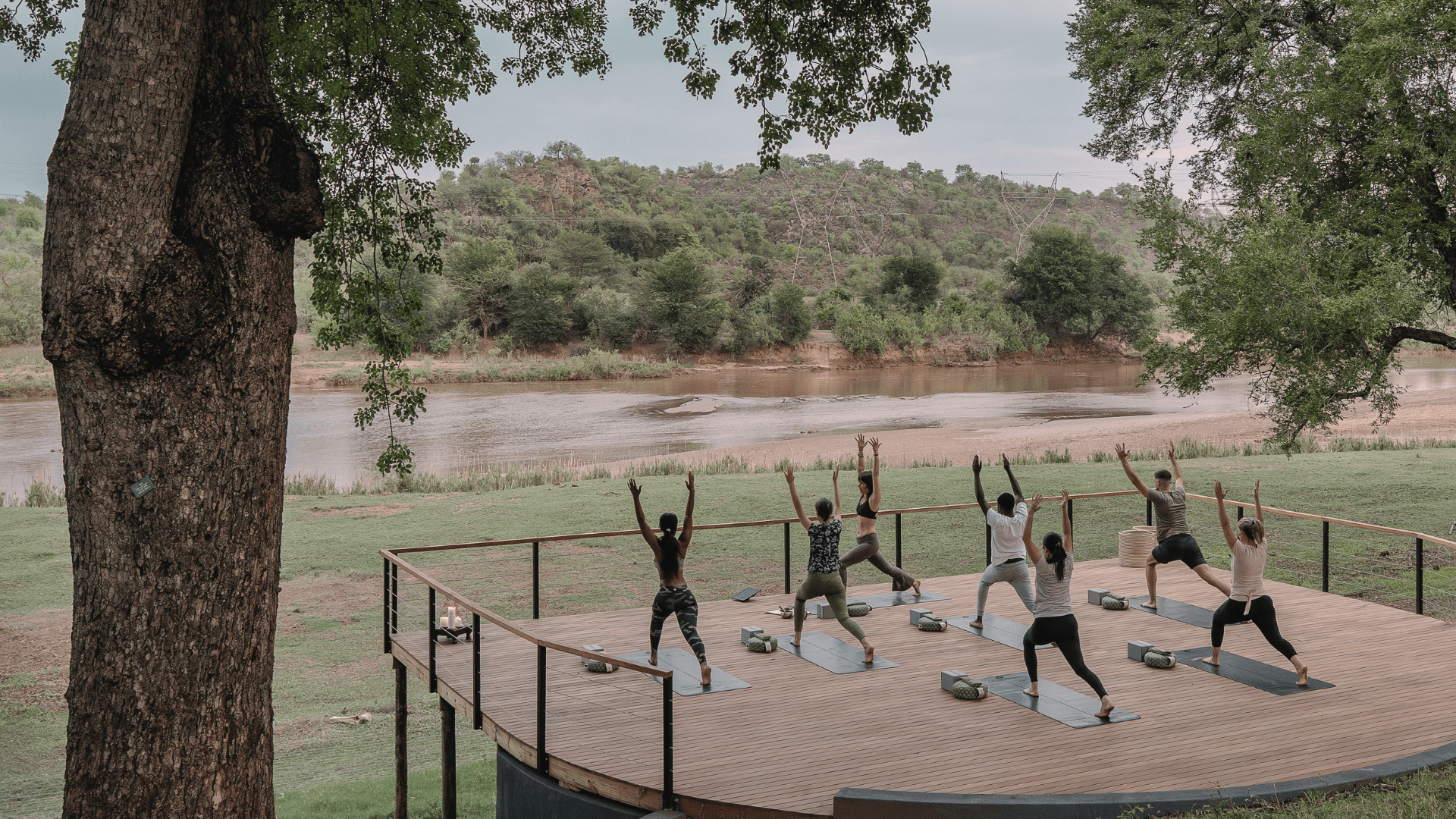 Yoga deck looking onto a river in a South African safari wildlife reserve