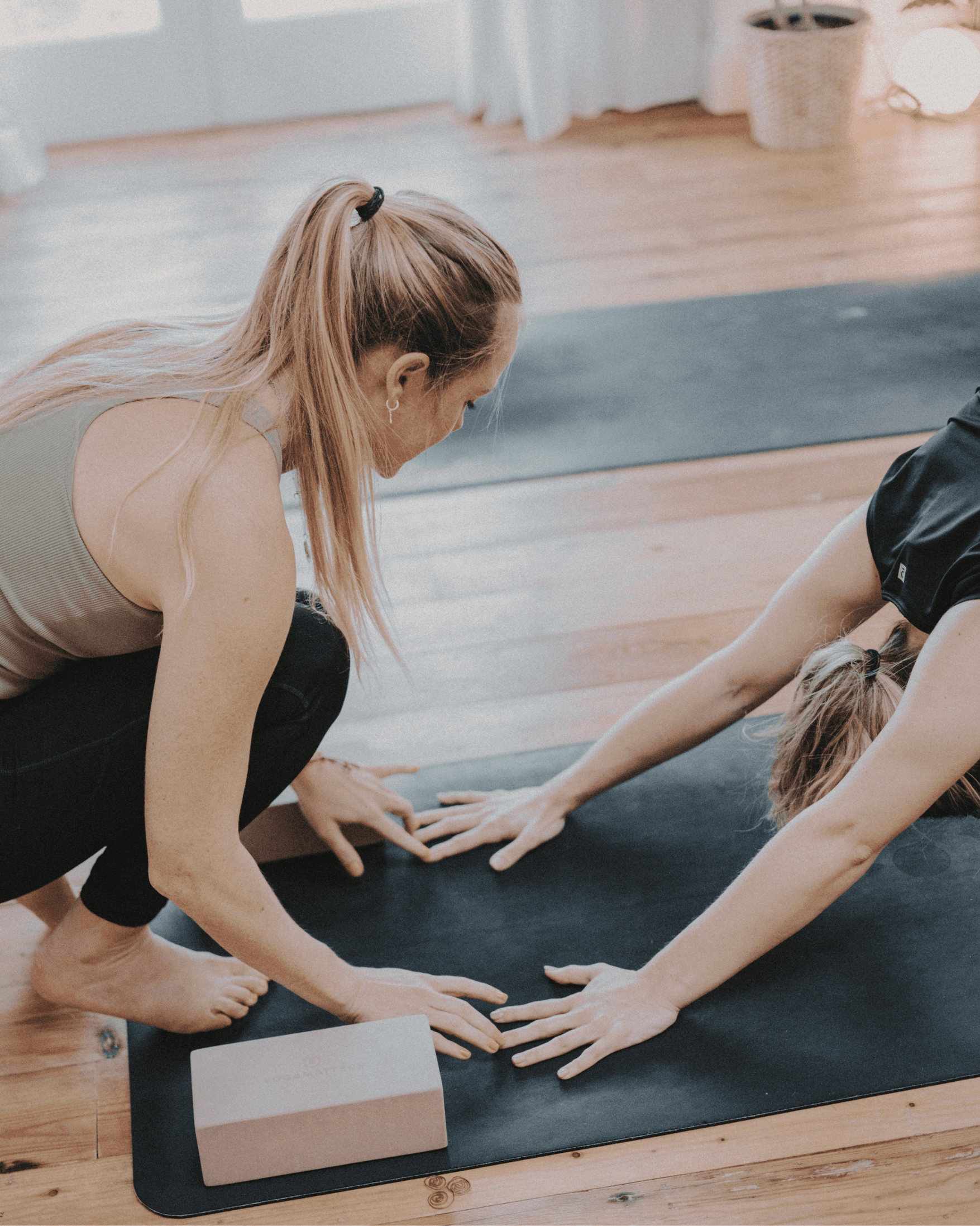 Skye doing a hands on assist with a student in downward facing dog